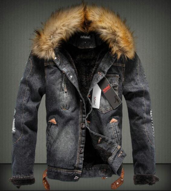 Men Thick Style Denim Coat with Faux Fur Collar