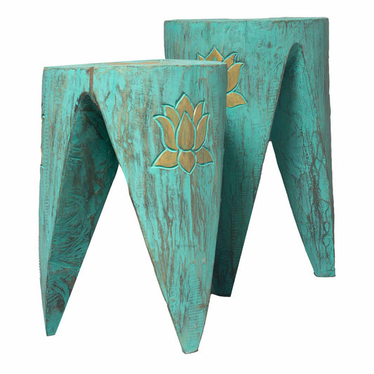 Hand carved Interlocking set of 2 Green Tribal Coffee Table Stool Stand