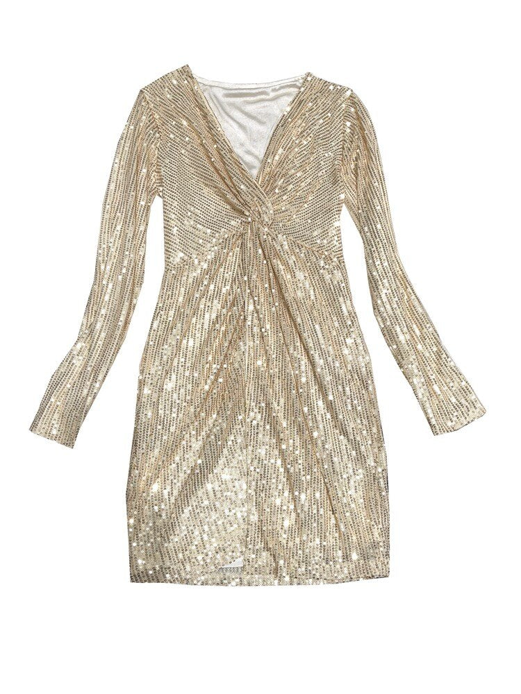 Glittering Sparkly Long Sleeve Plunge Neck Evening Cocktail Party Dress in Black/Gold/Silver