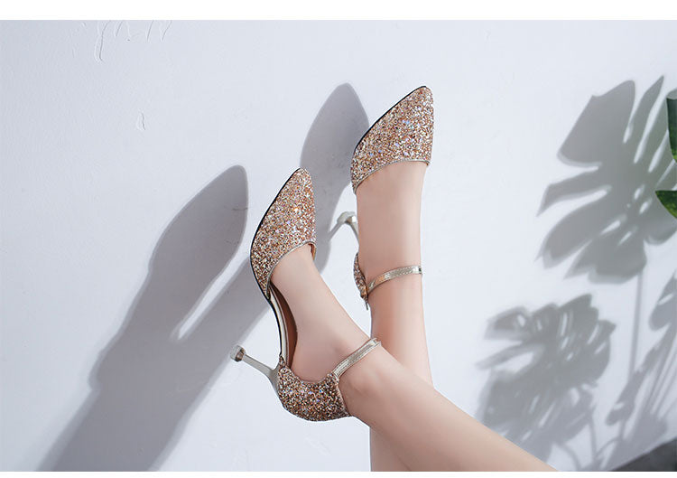 Gold / Silver pointed stiletto heels with ankle strap
