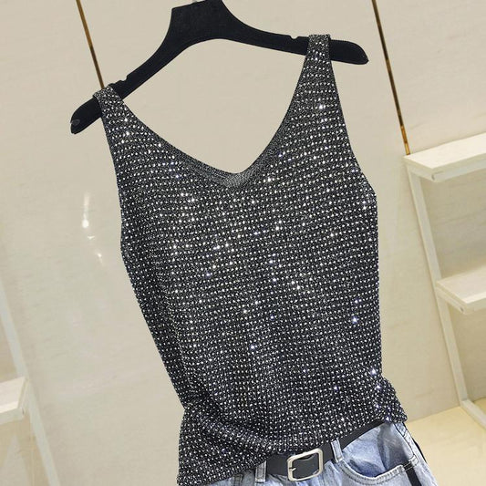 Rhinestone Knit Sleeveless Vest Top Sparkly Evening Shirt