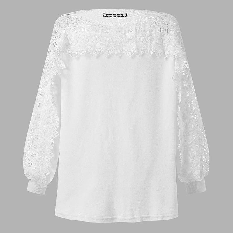 White Long Sleeve Jumper With Lace Hollow Detail on Neck and Sleeves Size 8 - 22 Plus