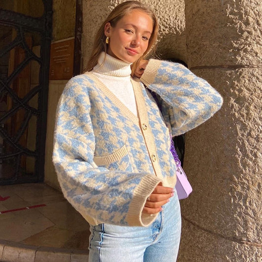 Baby Blue and Cream Knitted Houndstooth V-neck Oversized Cardigan
