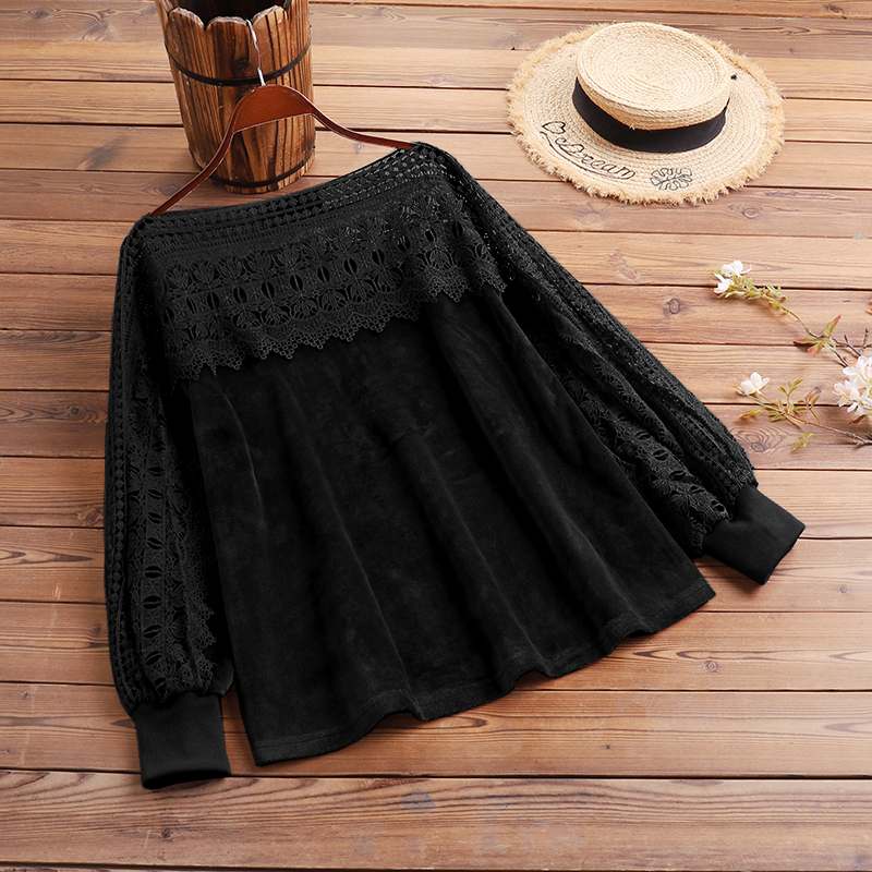 Black Long Sleeve Jumper With Lace Hollow Detail on Neck and Sleeves Size 8 - 22 Plus