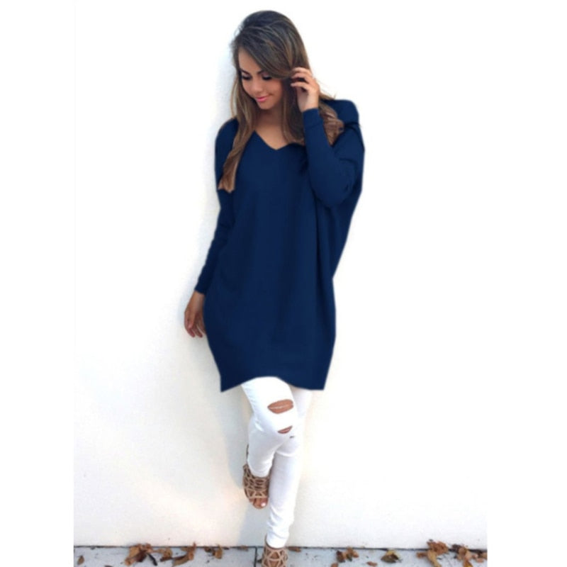 V Neck Long Sleeve Loose Oversized Knitted Sweater Black/Apricot/Pink/Purple/White/Grey/Royal Blue