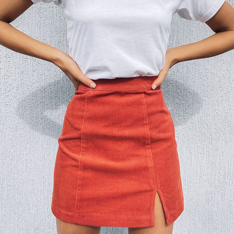 Corduroy slit mini skirt