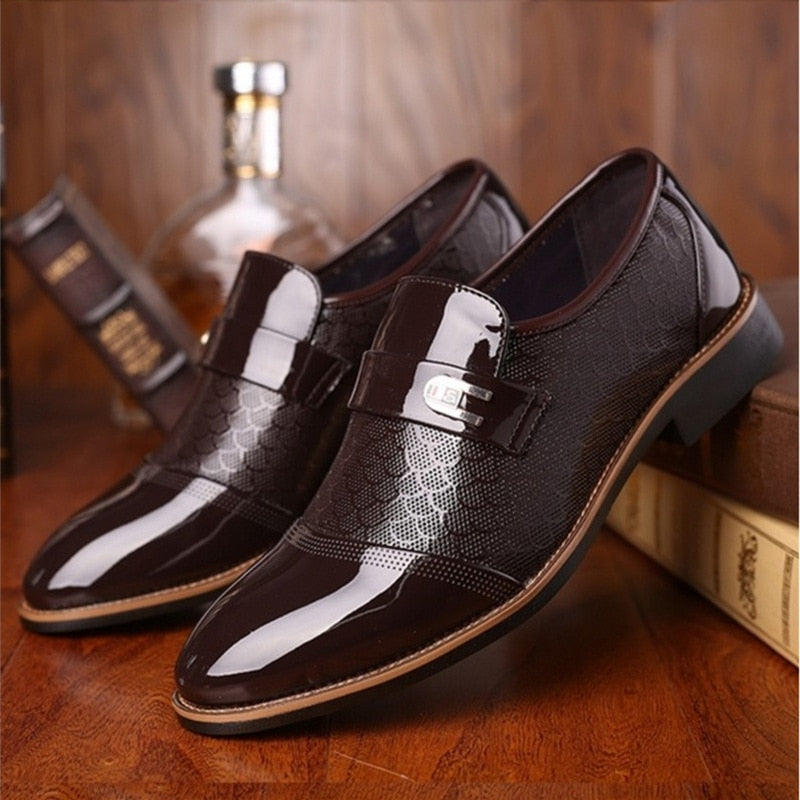 Men's PU Patent Leather Shoes with Designer Print and Buckle Details