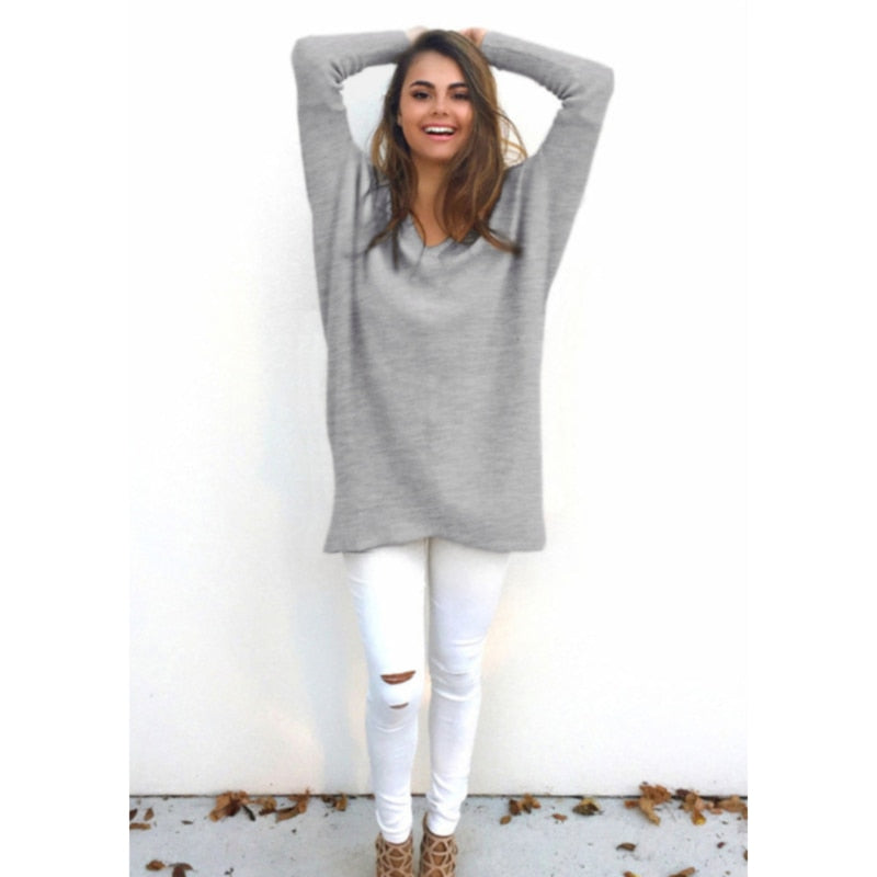 V Neck Long Sleeve Loose Oversized Knitted Sweater Black/Apricot/Pink/Purple/White/Grey/Royal Blue