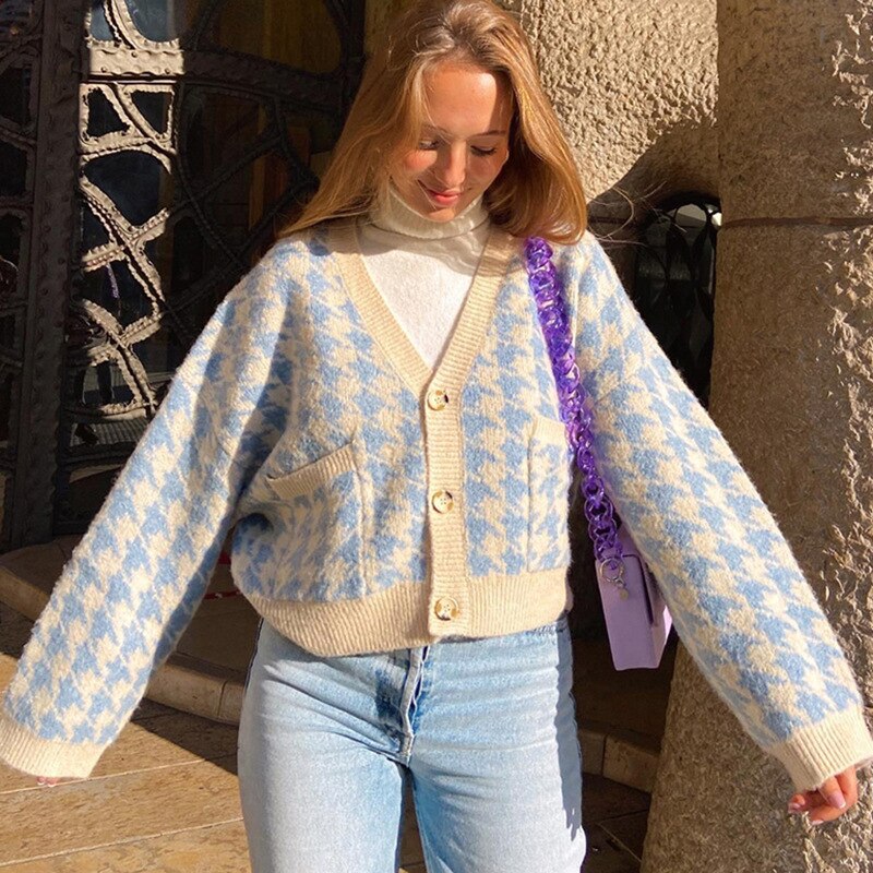 Baby Blue and Cream Knitted Houndstooth V-neck Oversized Cardigan