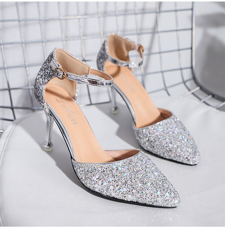 Gold / Silver pointed stiletto heels with ankle strap