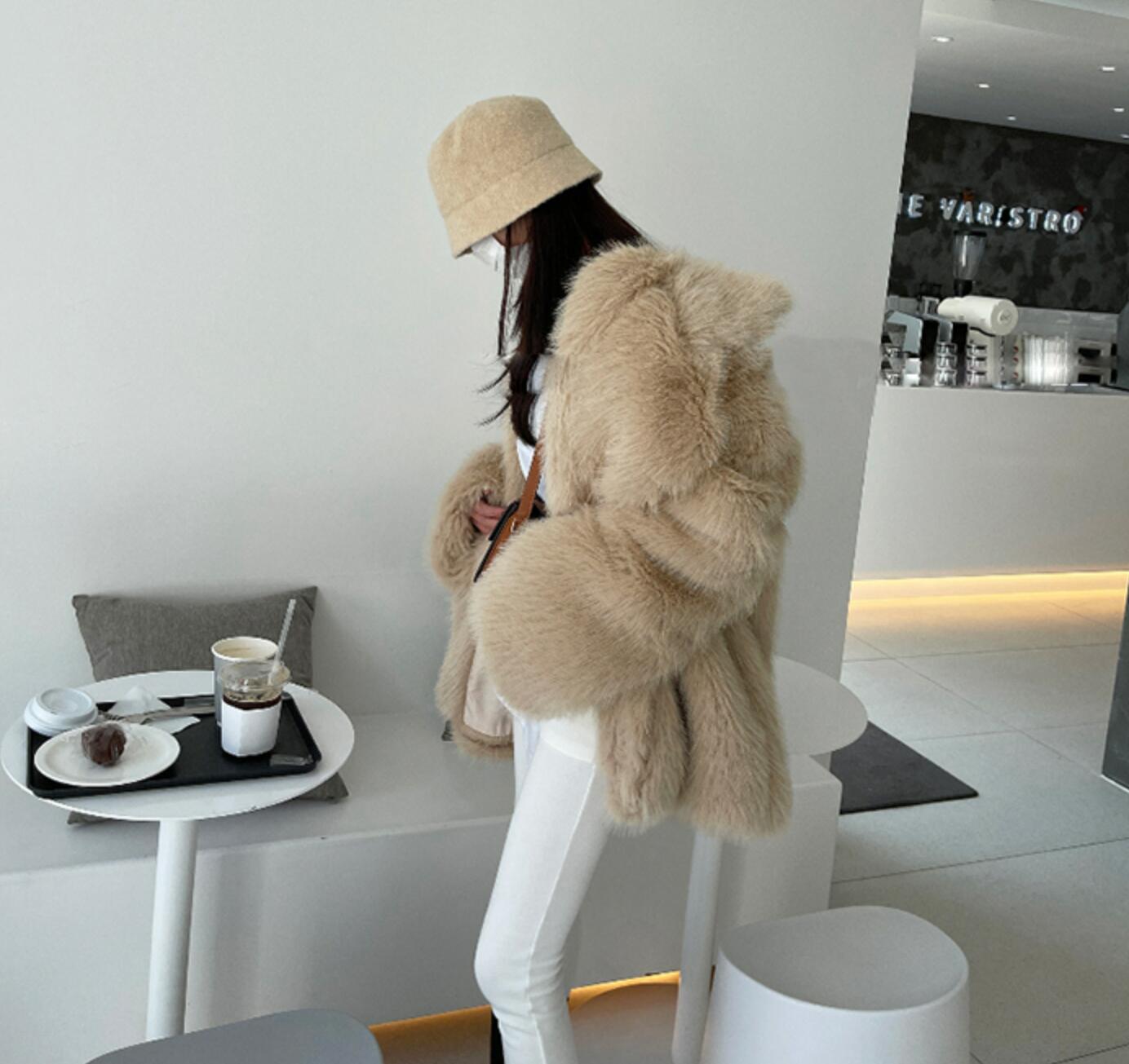 Large Lapel Long sleeve Faux Fur Coat White Khaki