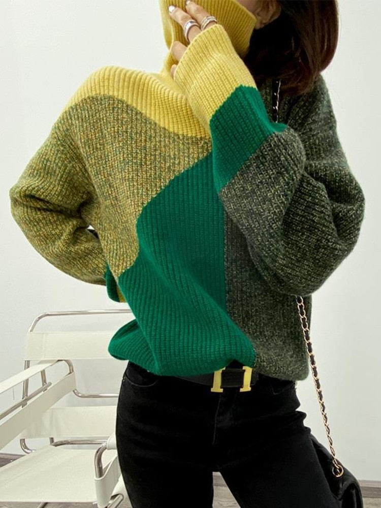 Knitted Roll Neck Jumper in Green Orange or Beige