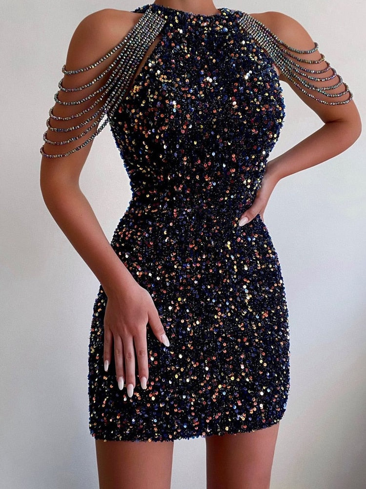 Sparkly Sequin Shoulder Strap Cocktail Dress