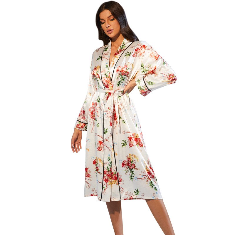 Long Satin Robe Silk Kimono with Tie Waist and Orchid Print