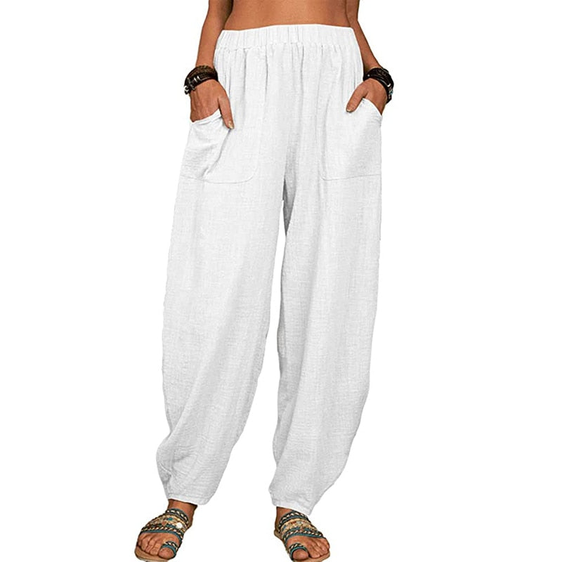 White/Grey/Khaki/Navy/Black Cotton Wide Leg Trousers with elasticated waist and pockets