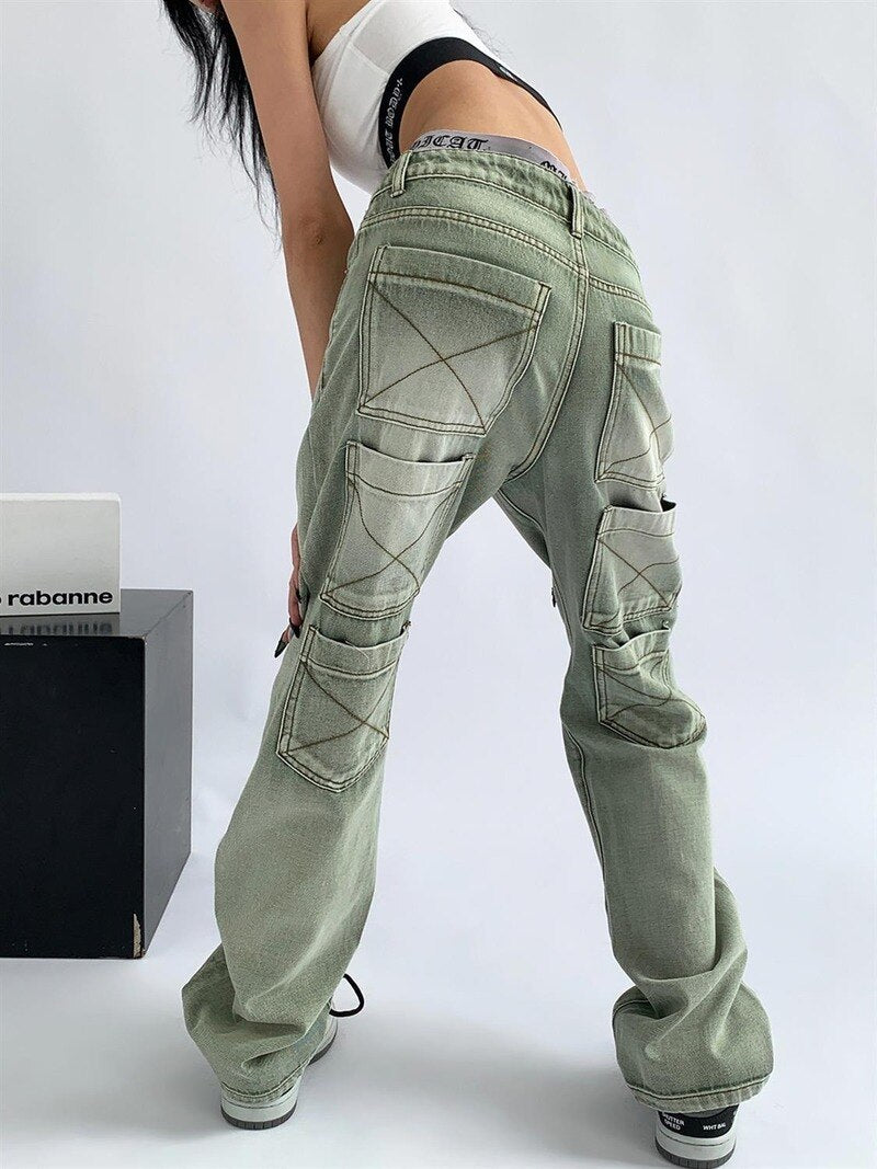High-waisted multi-pocket denim cargo style jeans