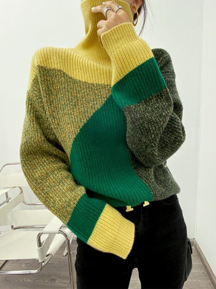 Knitted Roll Neck Jumper in Green Orange or Beige