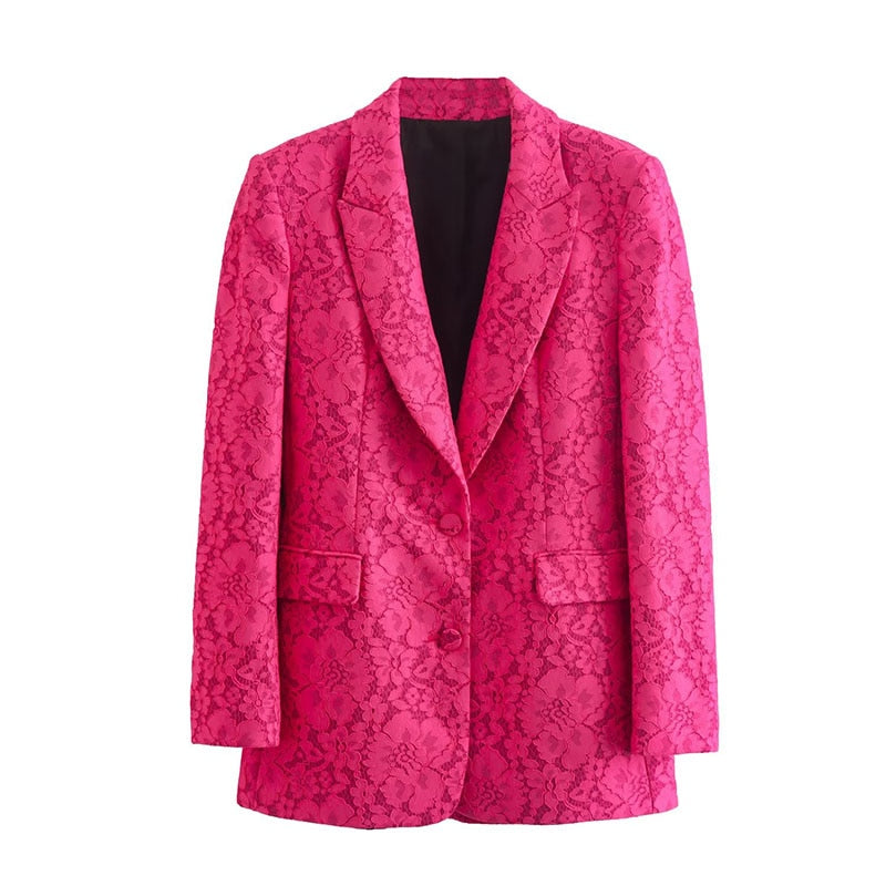 Stylish pink Lace overlay long sleeve blazer & suit trousers