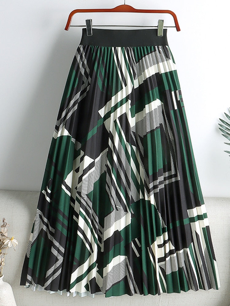 Geometric High Waist Long Pleated A Line Skirt