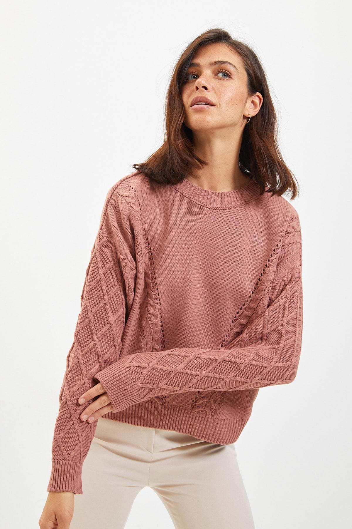 Round Neck Woven Knitted Sweater in Cream, Rose and Mint