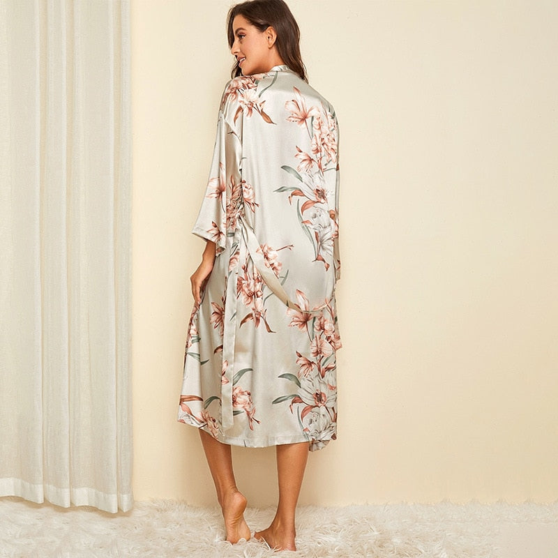 Long Satin Robe Silk Kimono with Tie Waist and Orchid Print