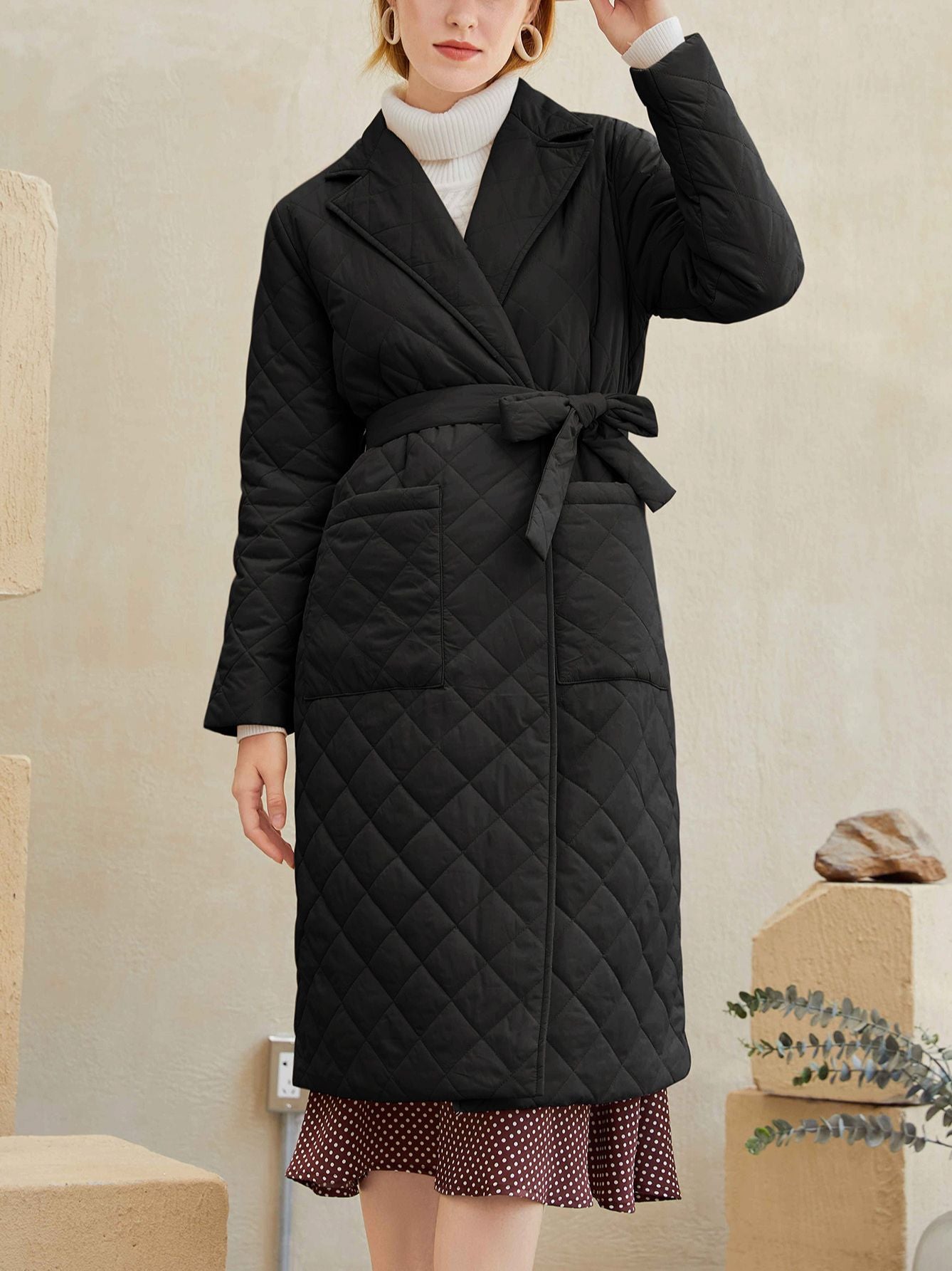 Quilted mid-length belted autumn coat