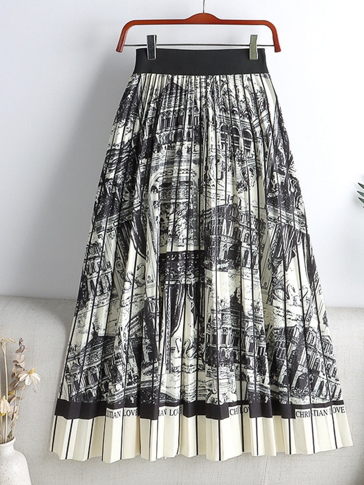 Geometric High Waist Long Pleated A Line Skirt