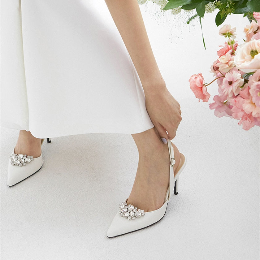 Ivory Beige Satin Pointed Toe with Rhinestone and Ankle Strap Wedding Shoes