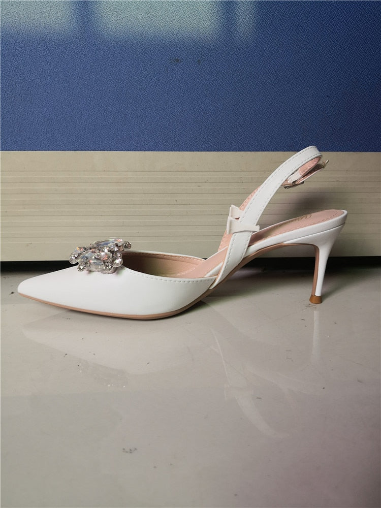 Ivory Beige Satin Pointed Toe with Rhinestone and Ankle Strap Wedding Shoes