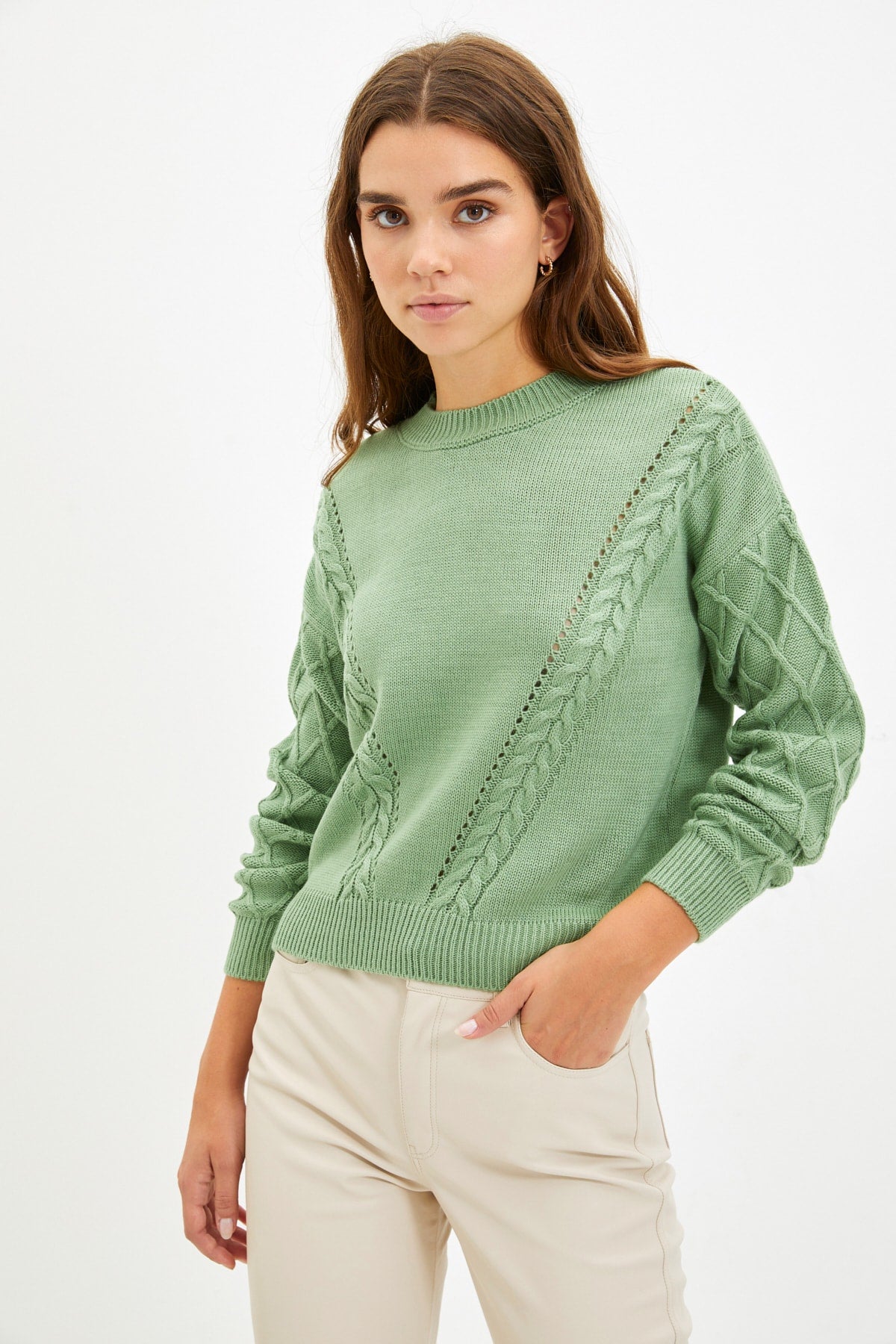 Round Neck Woven Knitted Sweater in Cream, Rose and Mint