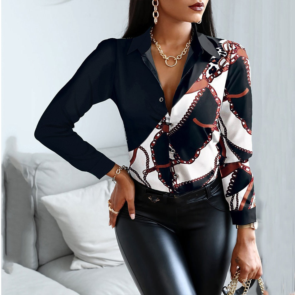 Satin Blouse with Black Chain Print