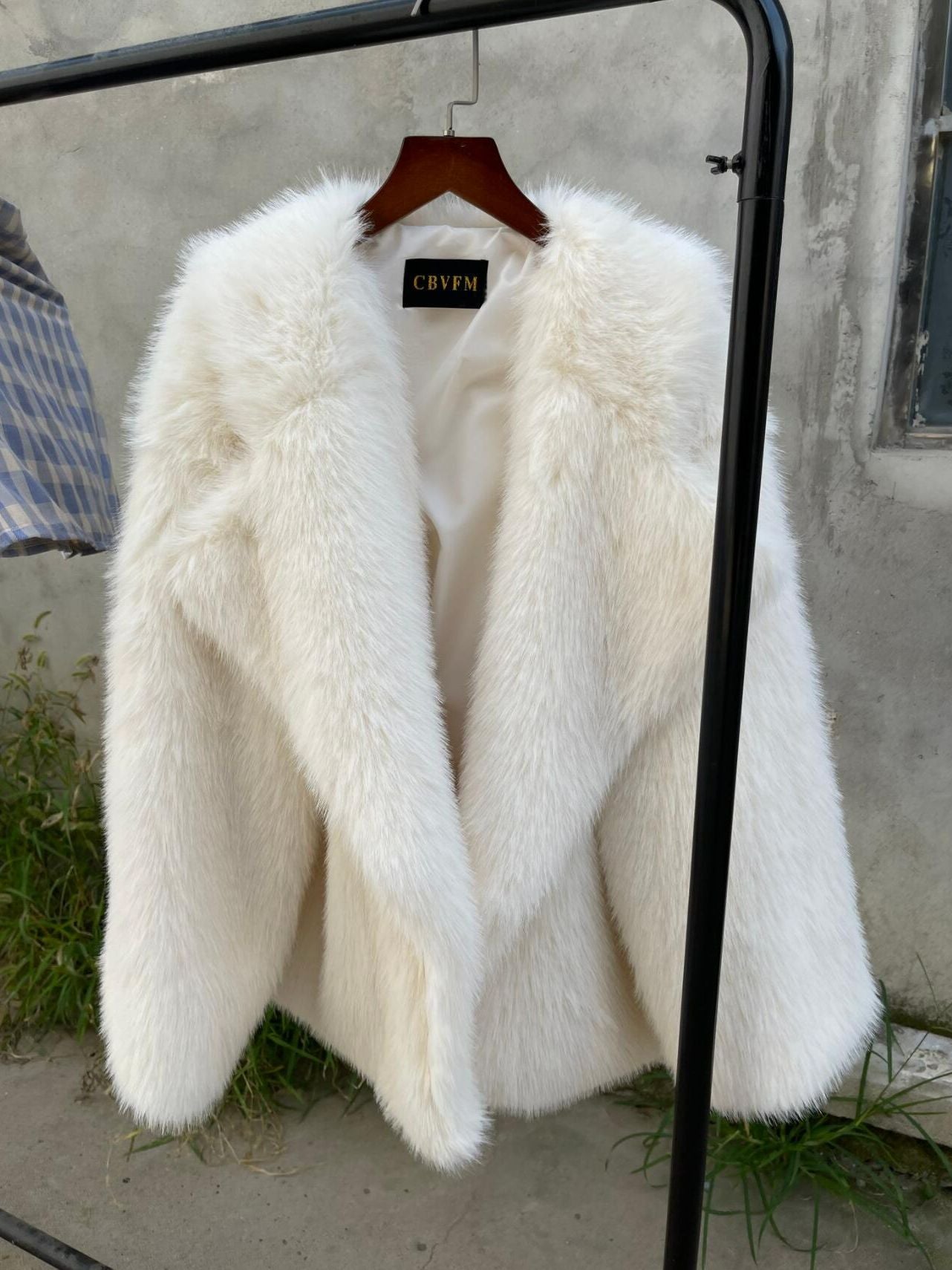 Large Lapel Long sleeve Faux Fur Coat White Khaki