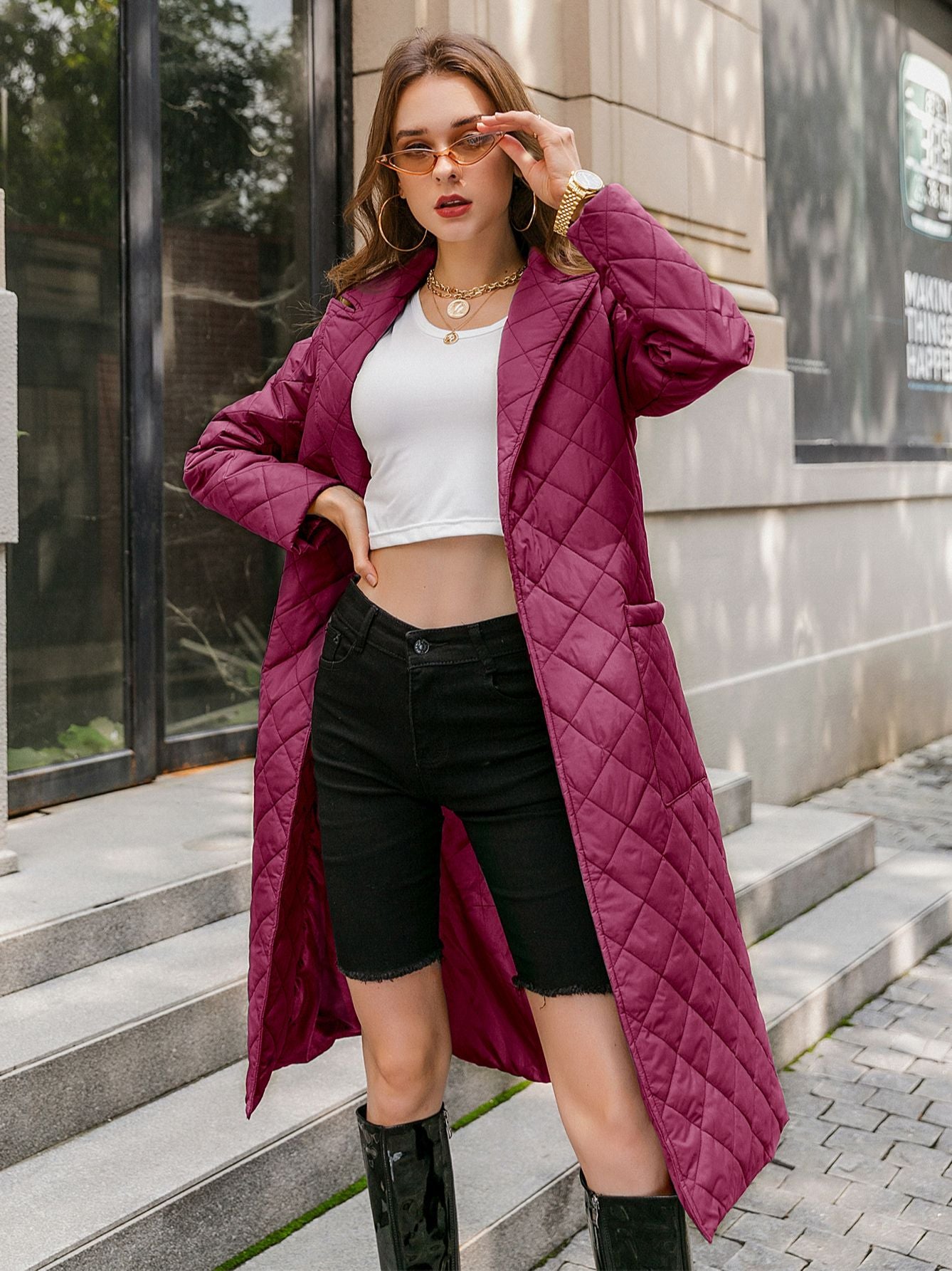 Quilted mid-length belted autumn coat