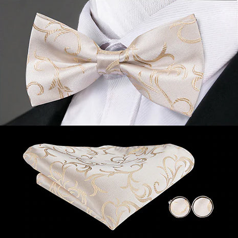 Classic Ivory and Gold Bow Tie for Men 100% Silk