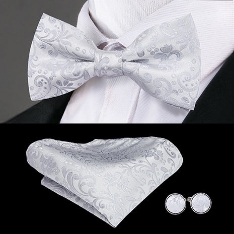 Classic Silver Paisley Bow Tie for Men 100% Silk