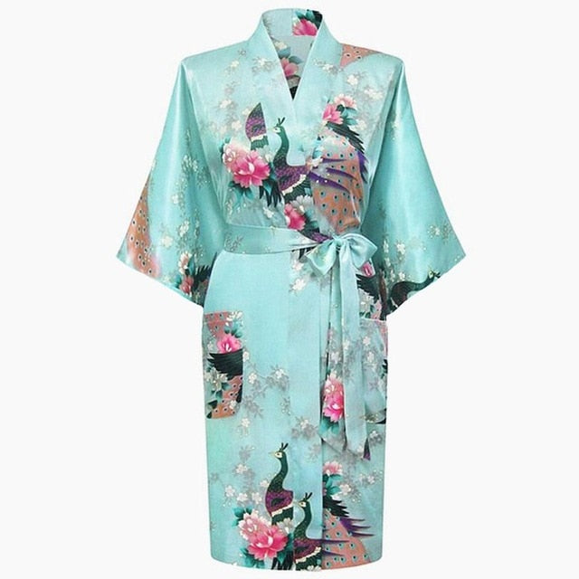Mint green satin kimono style robe with orchid print and tie belt for the waist