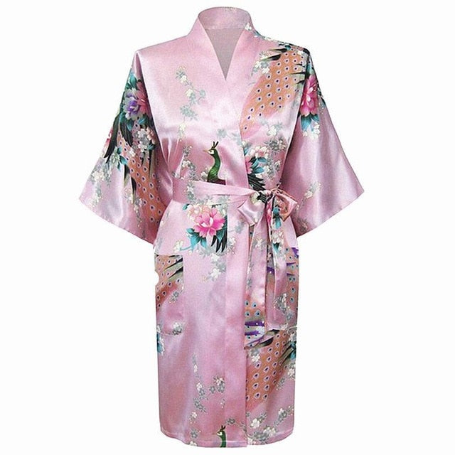 Baby pink satin kimono robe with orchid print and tie waist belt