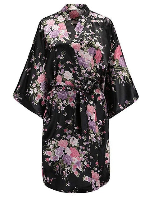 Black silk satin rob with pink and white japanese floral print and waist tie belt