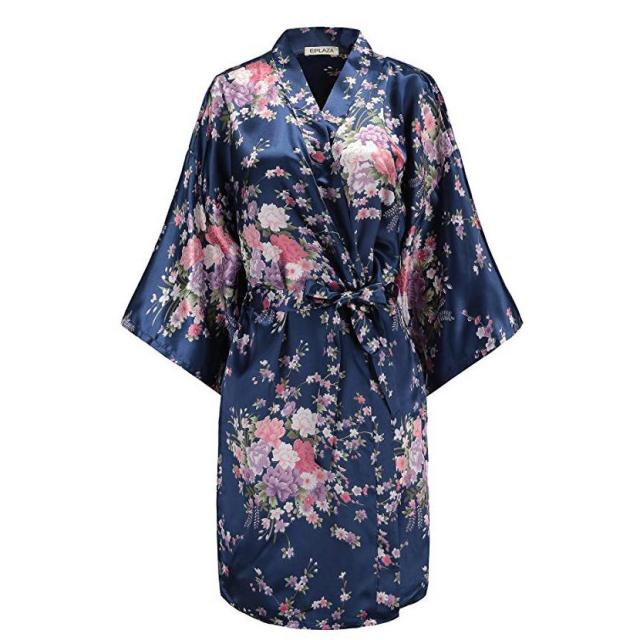 Satin navy and pink silk kimono style robe with waist tie belt