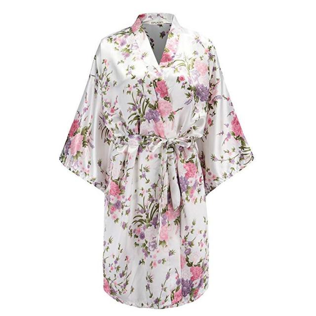 White and pink satin silk robe with japanese floral print and wie arms tie waist belt 