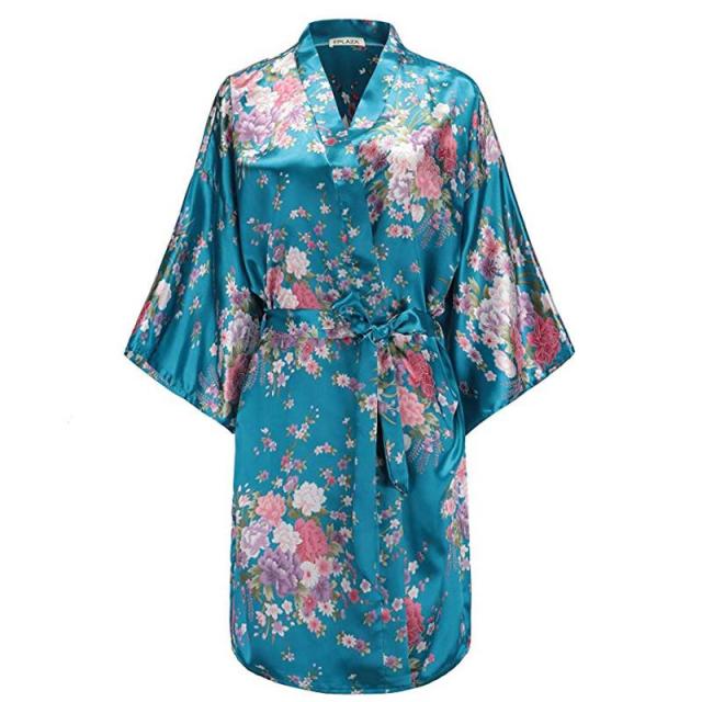 Blue Japanese Orchid Satin Robe Kimono
