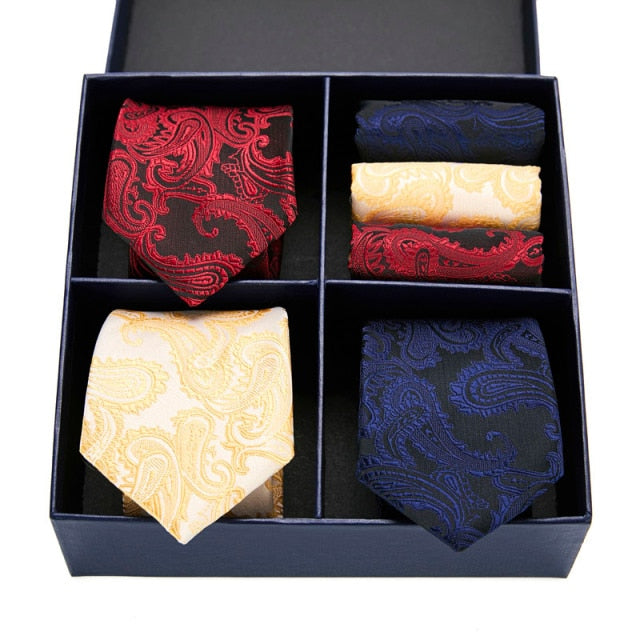 Men's Red Navy Yellow Formal Neck Tie and Hanky Gift Box - Ashir