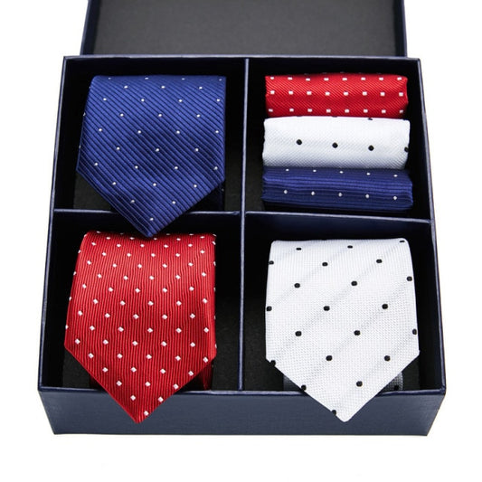 Men's Navy Red White Polka Dot Neck Tie and Hanky Gift Set