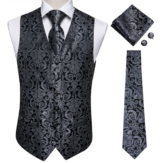 Men's satin waistcoat and tie set Black and Silver
