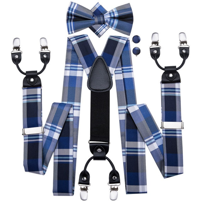 Blue Chequered Men's Bow Tie and Braces Set