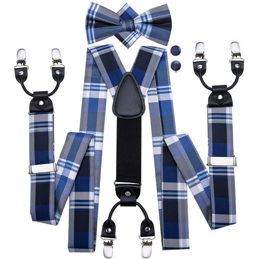Blue Chequered Men's Bow Tie and Braces Set