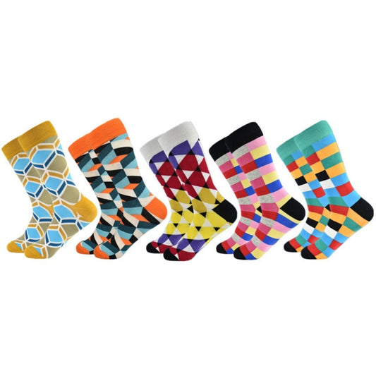 Five pairs of patterned chequered multi coloured socks 
