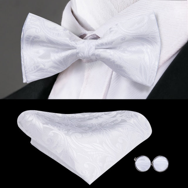 Classic White Paisley Bow Tie for Men 100% Silk