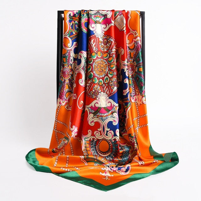 Silky satin large 90cm by 90 cm scarf, with bold orange and green japanese emperor style print