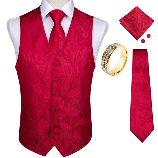Men's satin waistcoat and tie set Red Paisley